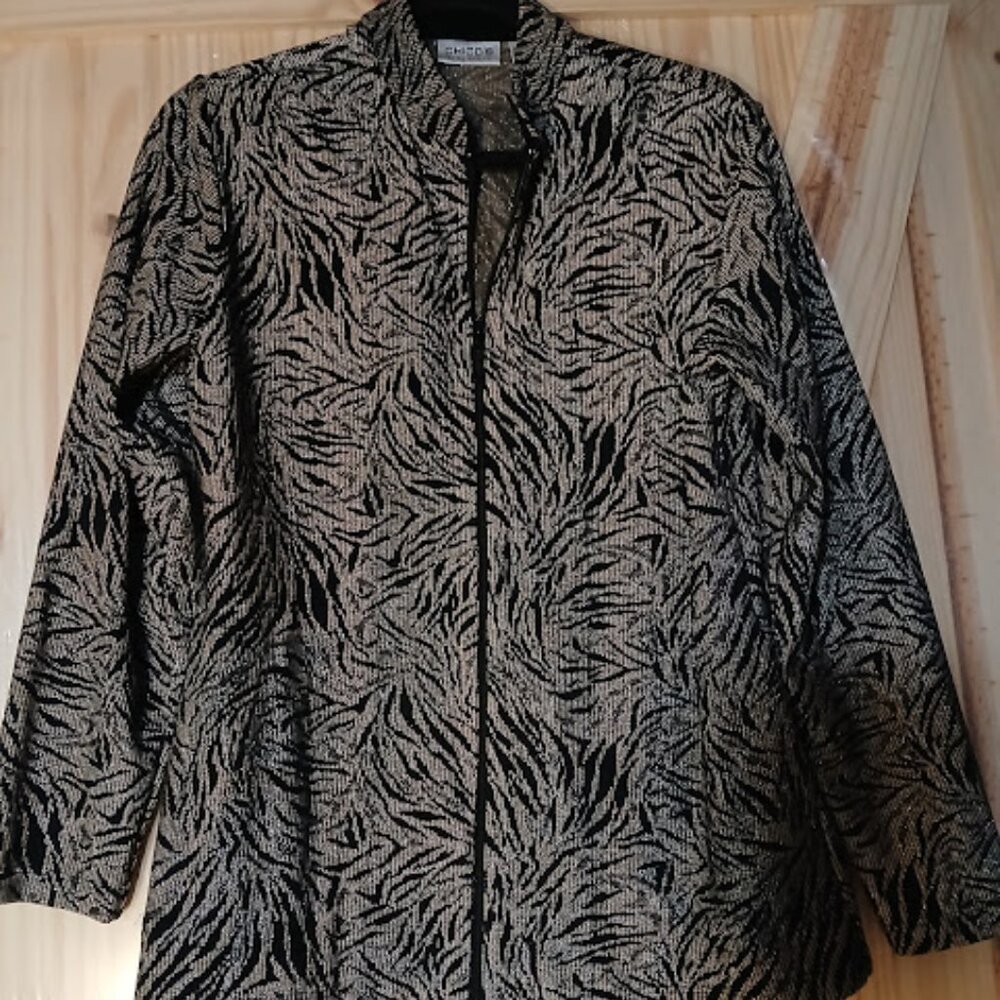 Chicos Travelers Sz 1 Zipper Jacket Gold Silver Black Animal print